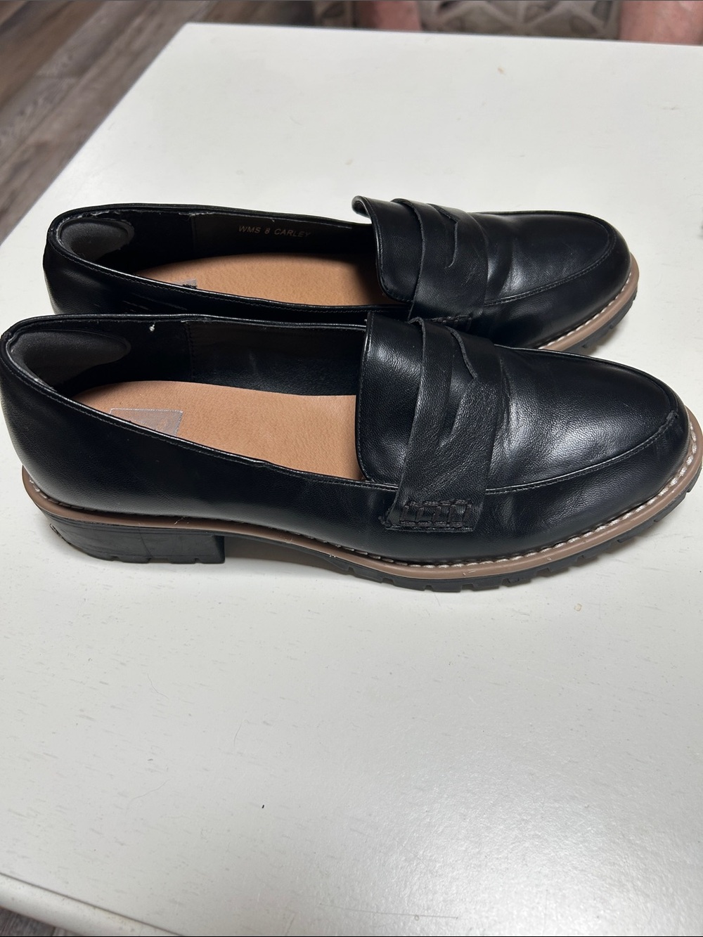 DV by Dolce Vita Black Leather Penny Loafers with Tan Trim Carly - Picture 2 of 4